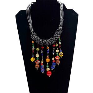 Braided Leather and Bead Necklace